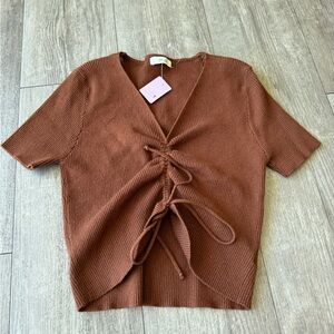 Brown Knit Tie-Front Top